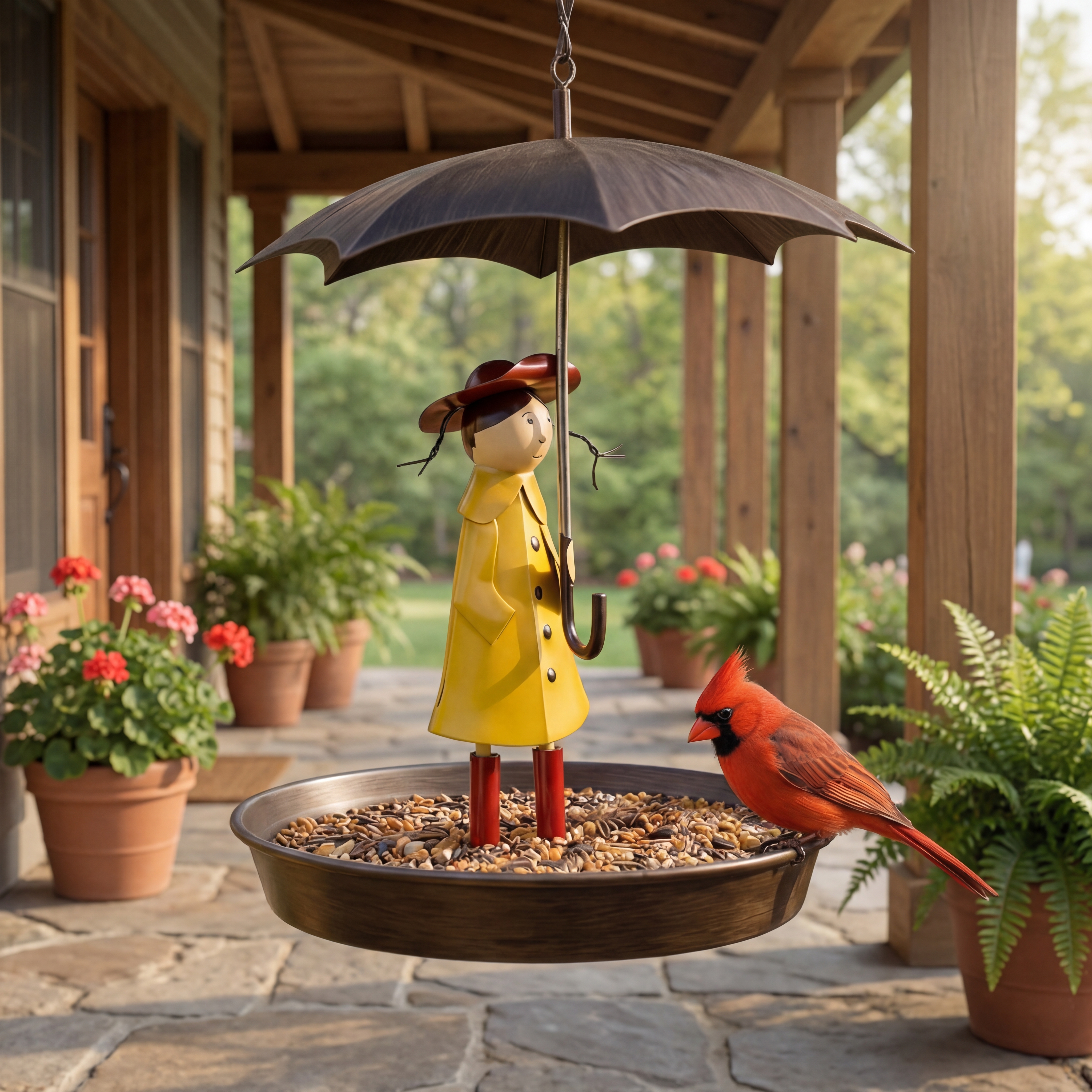 Whimsical Raincoat Girl Hanging Bird Feeder & Bird Bath