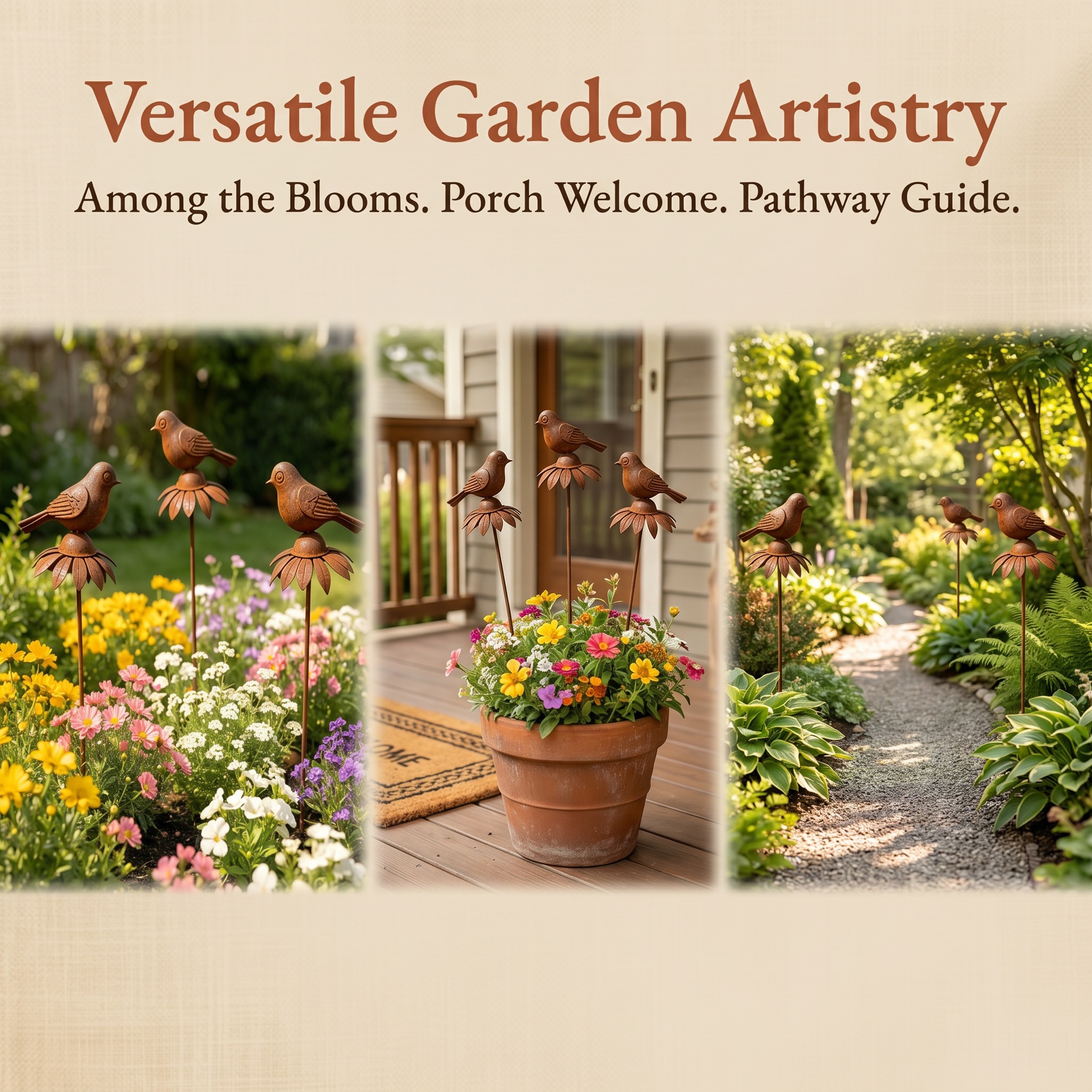 Rustic Iron Bird & Flower Garden Stake