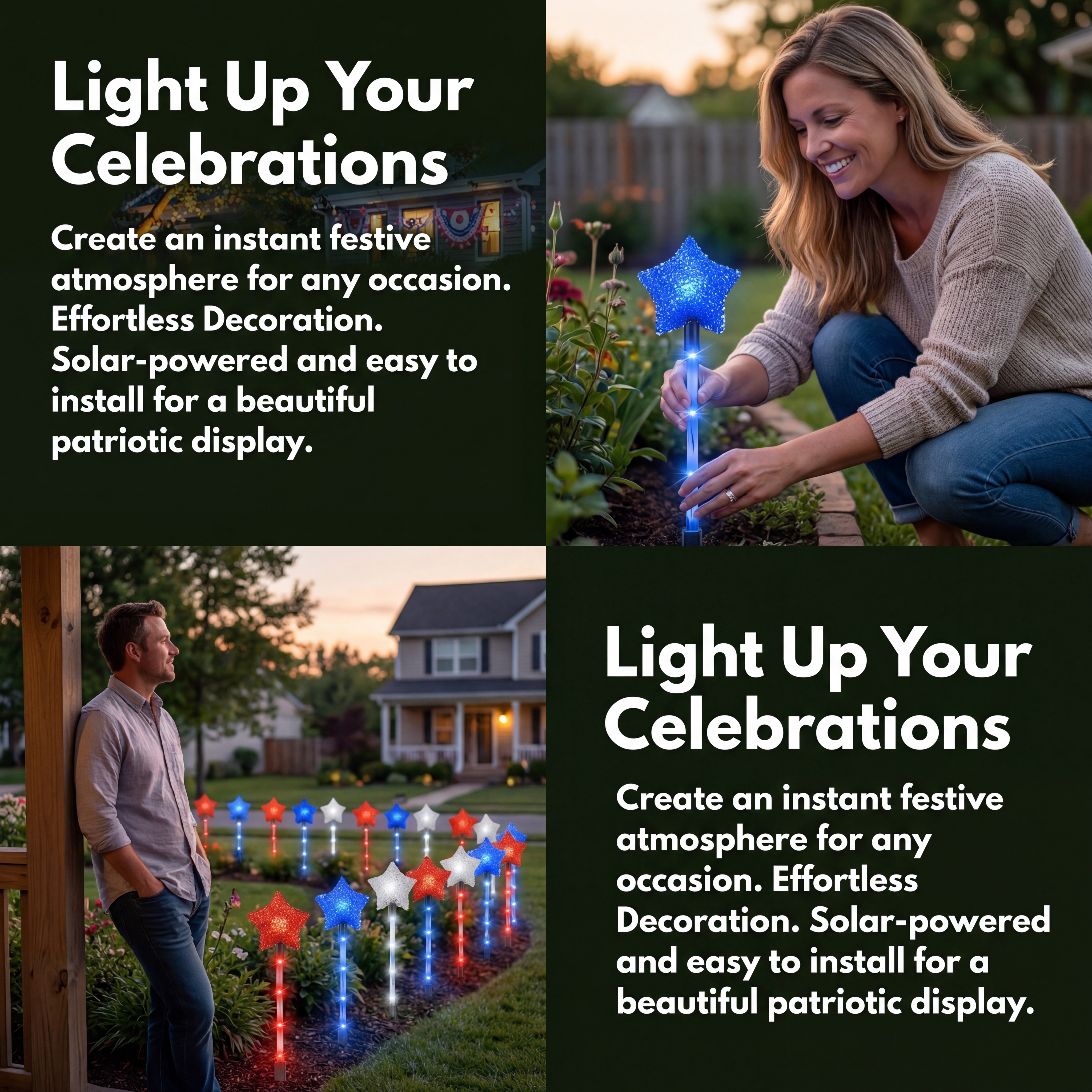Solar Patriotic Star Stake Lights for Yard & Garden, Set of 9