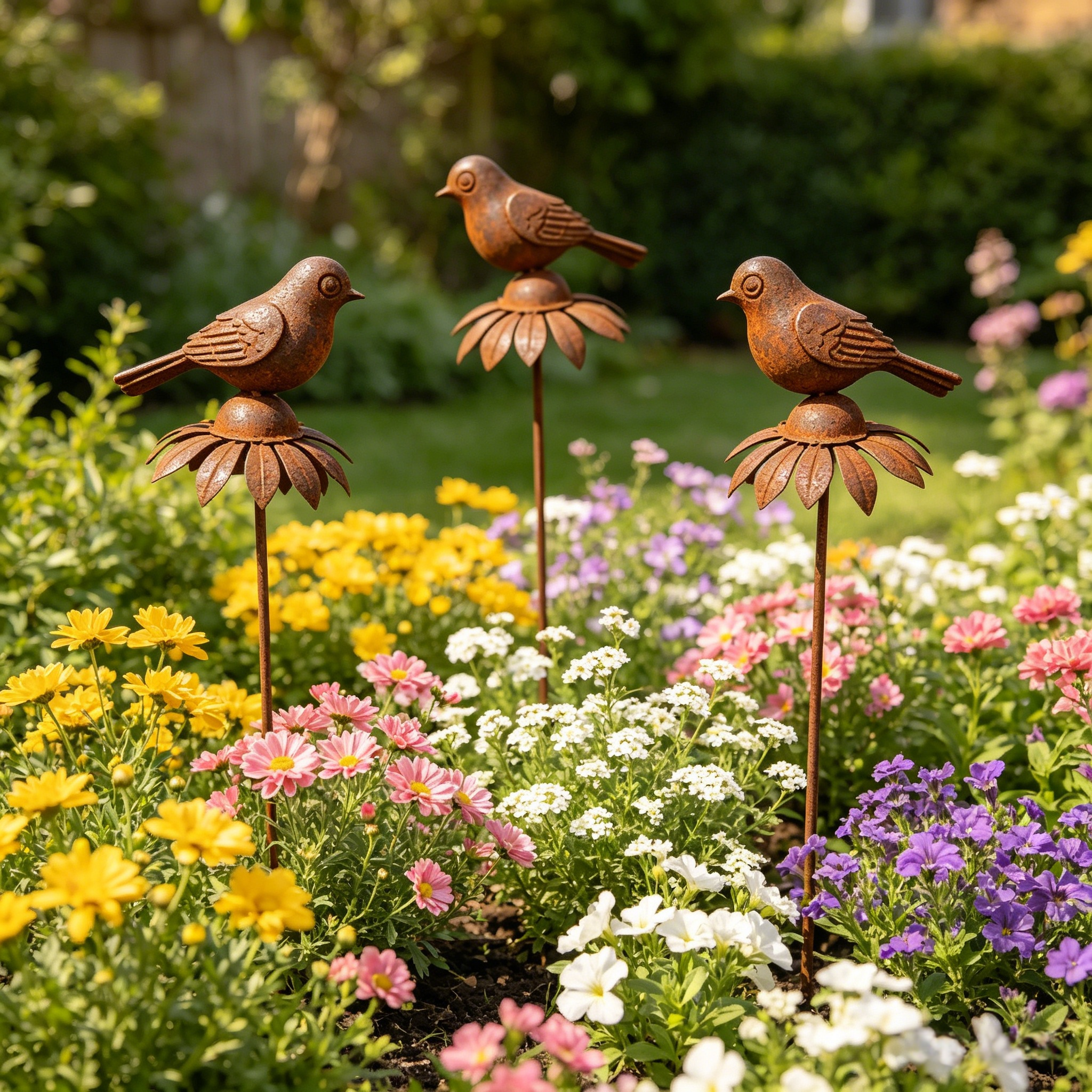 Rustic Iron Bird & Flower Garden Stake