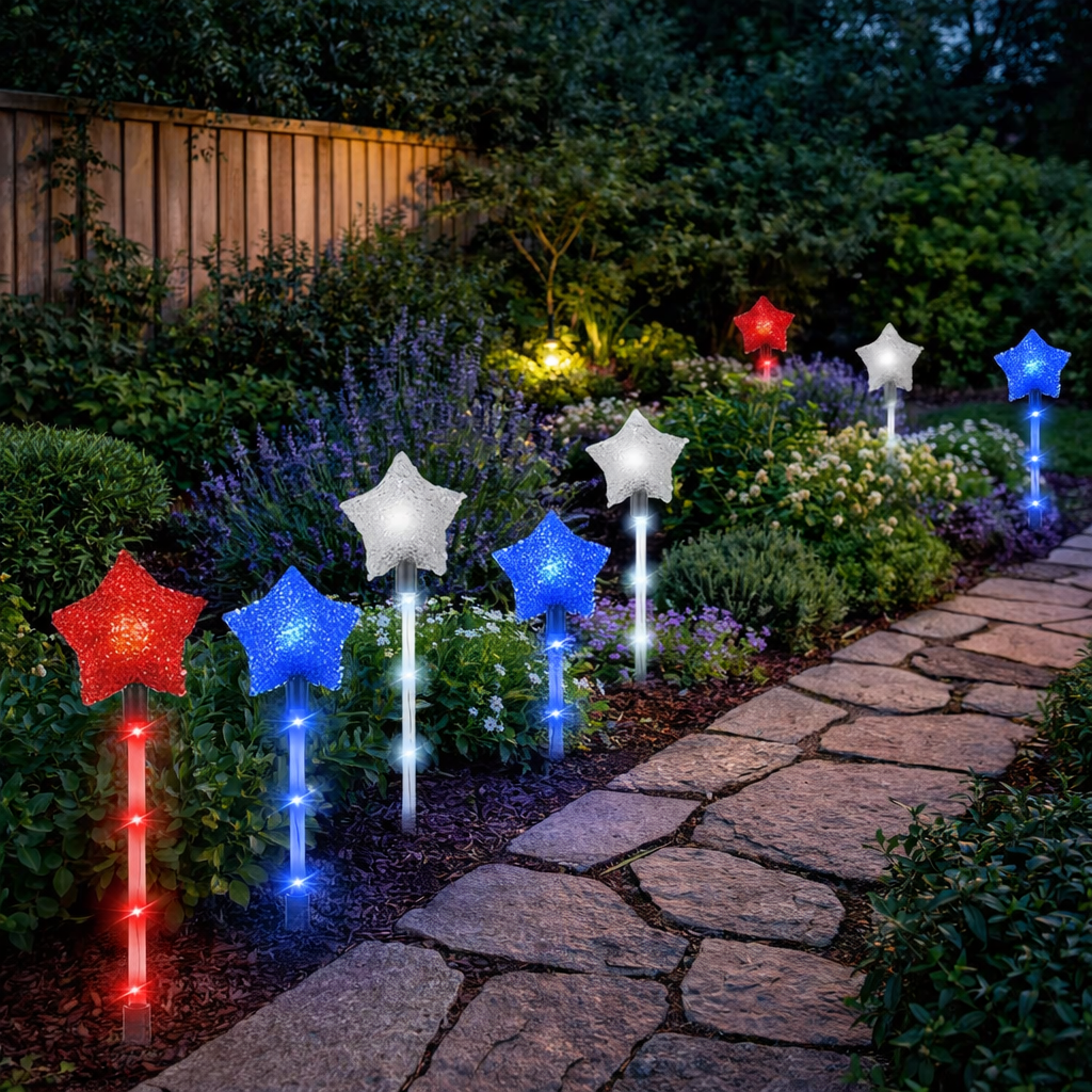 Solar Patriotic Star Stake Lights for Yard & Garden, Set of 9