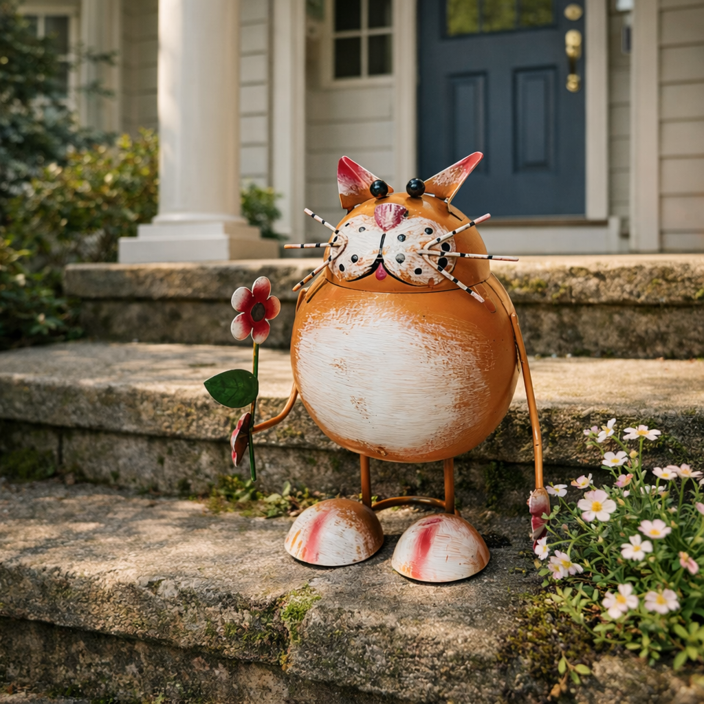 Whimsical Metal Cat Garden Statue with Flower