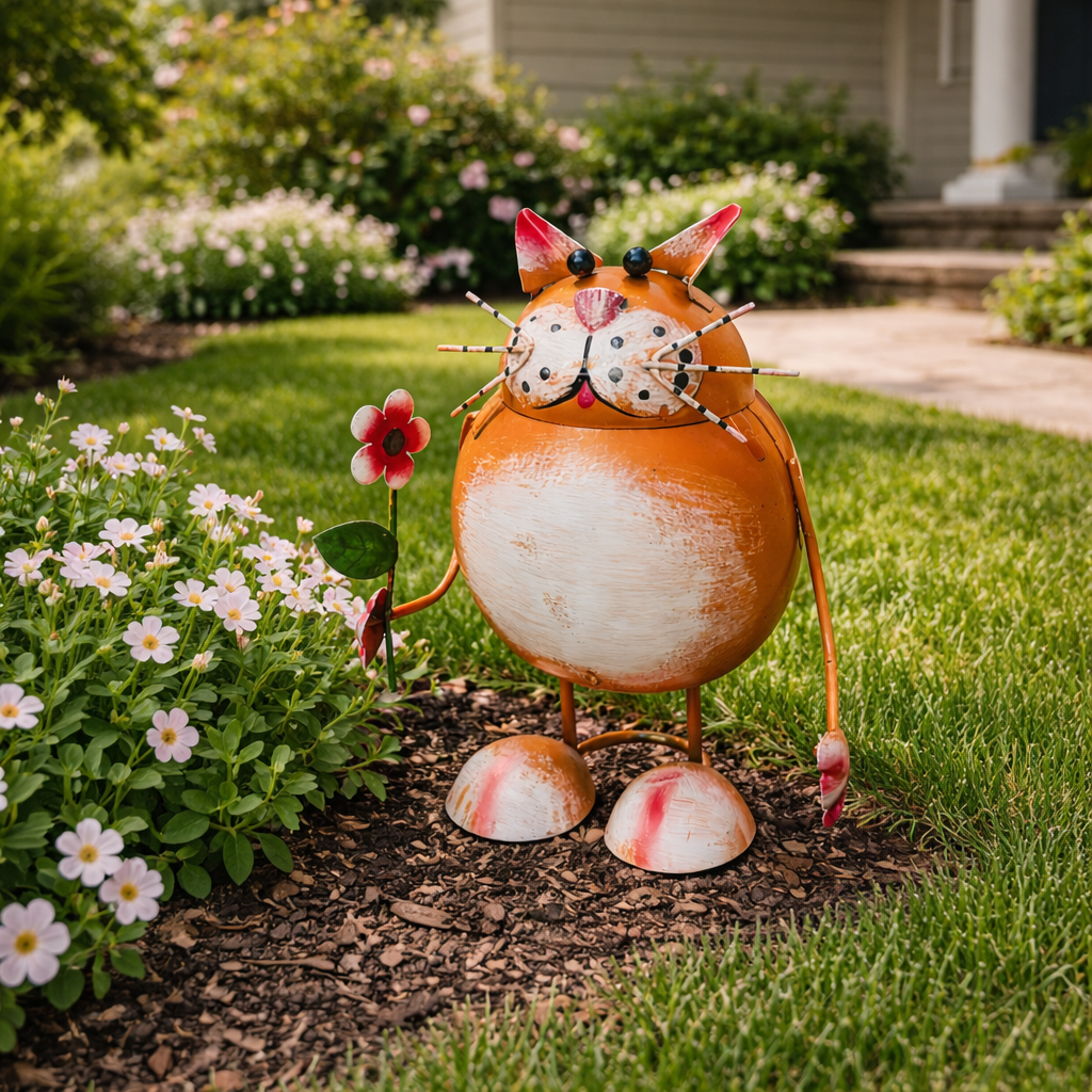 Whimsical Metal Cat Garden Statue with Flower