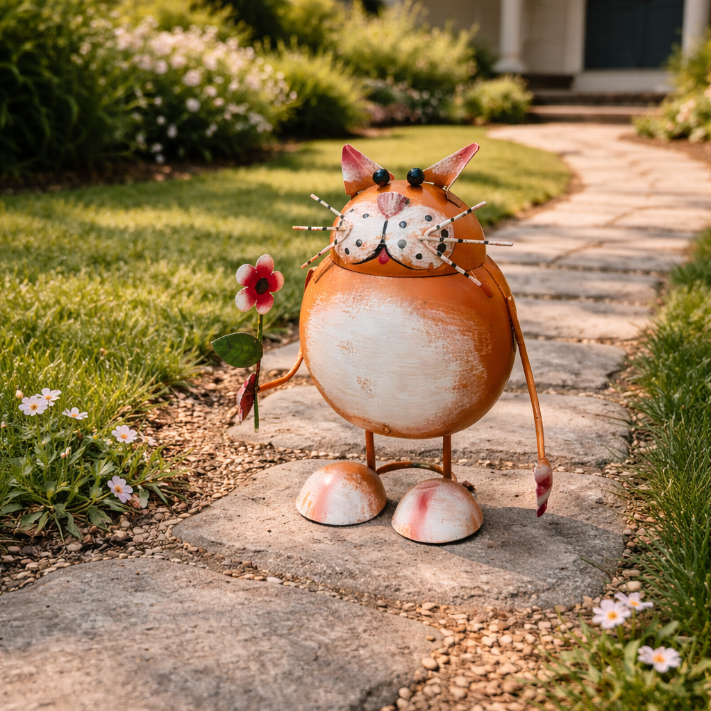 Whimsical Metal Cat Garden Statue with Flower