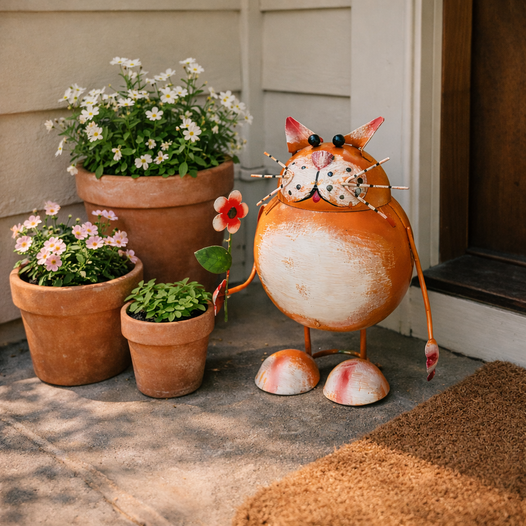 Whimsical Metal Cat Garden Statue with Flower