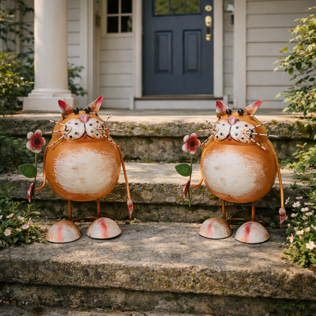 Whimsical Metal Cat Garden Statue with Flower