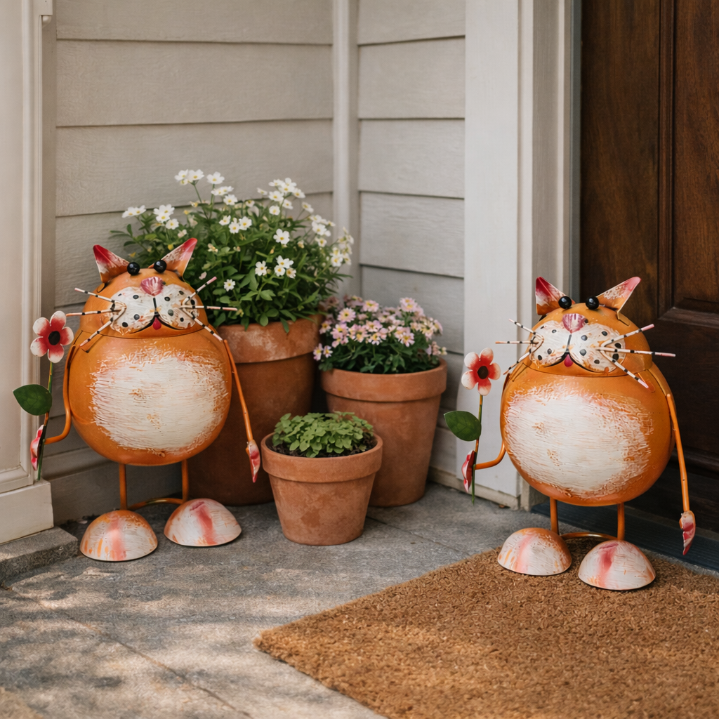 Whimsical Metal Cat Garden Statue with Flower
