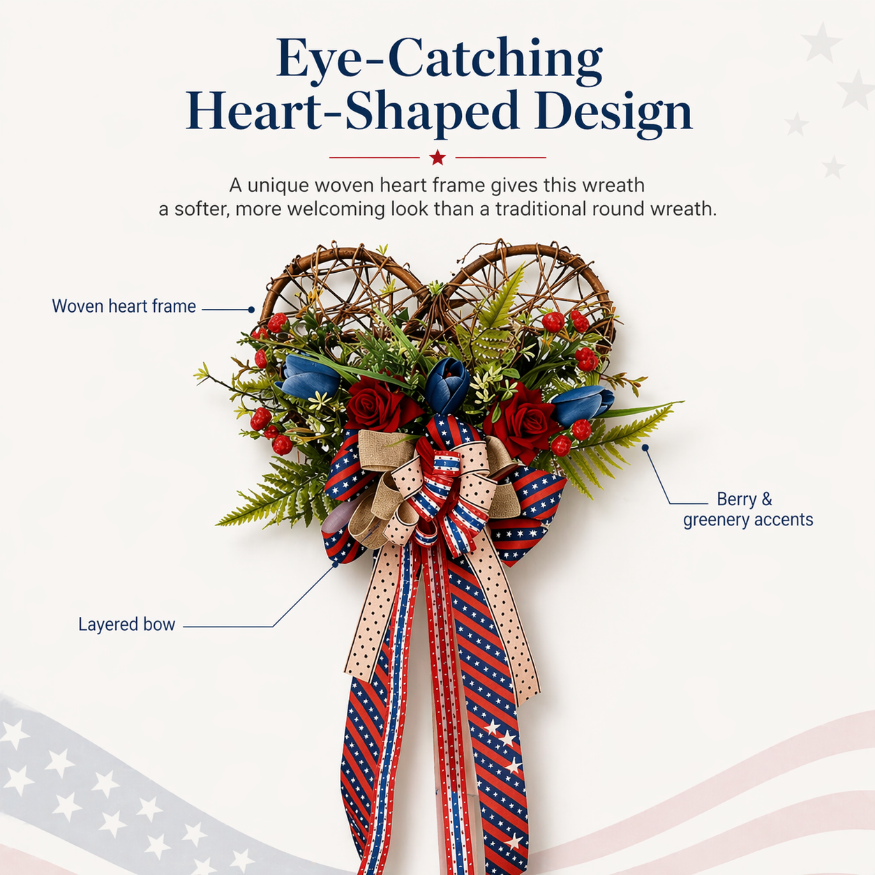 Patriotic Heart Door Wreath with Americana Ribbon Bow