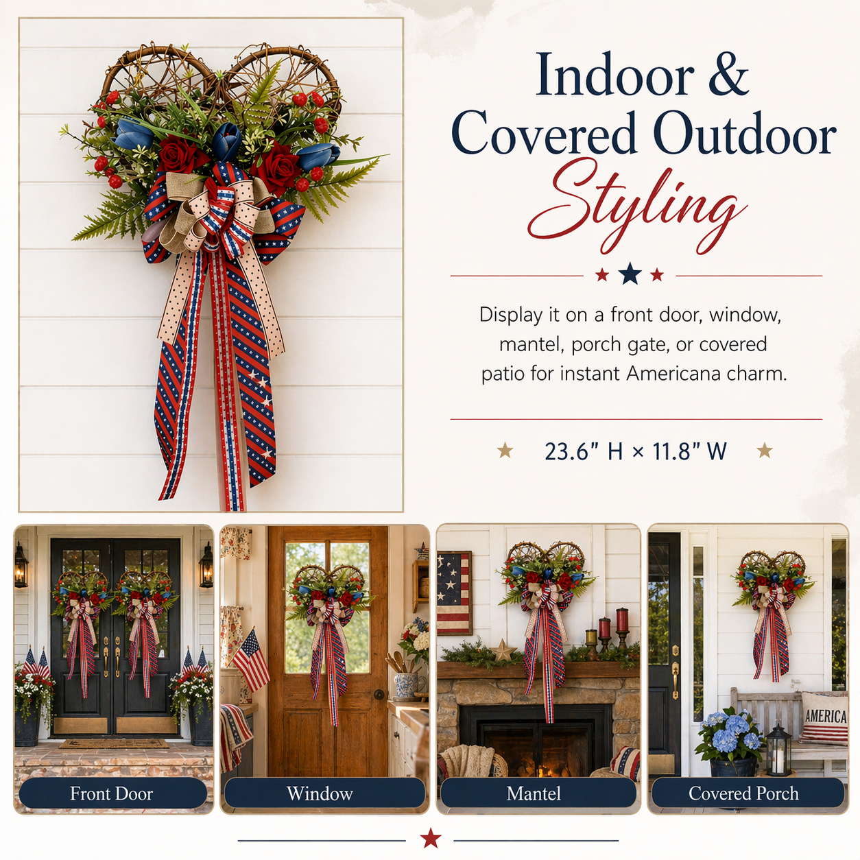 Patriotic Heart Door Wreath with Americana Ribbon Bow