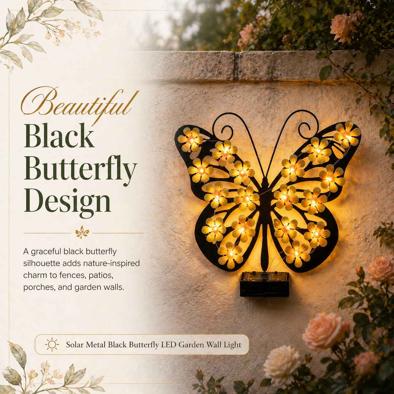 Solar Metal Black Butterfly LED Garden Wall Light