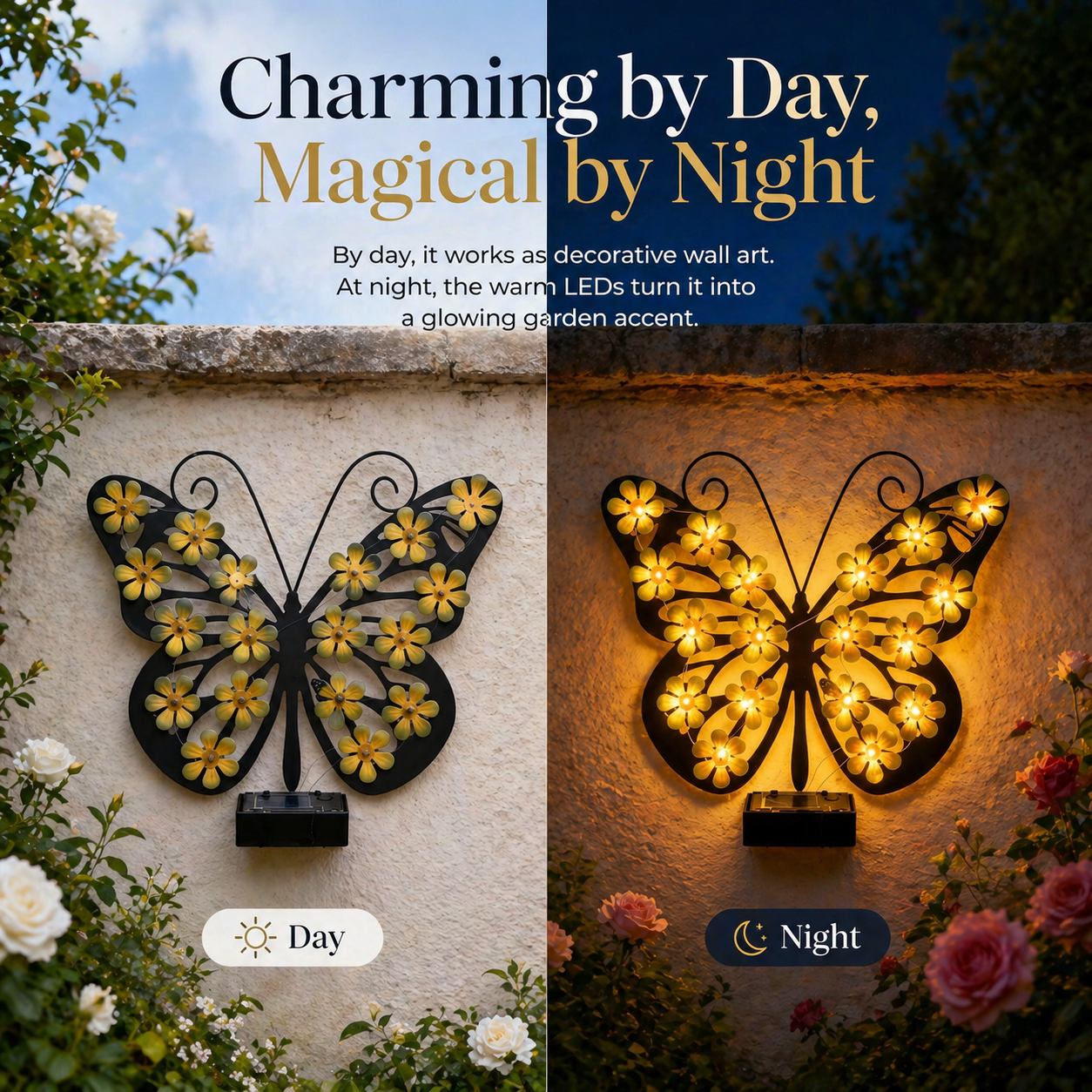Solar Metal Black Butterfly LED Garden Wall Light