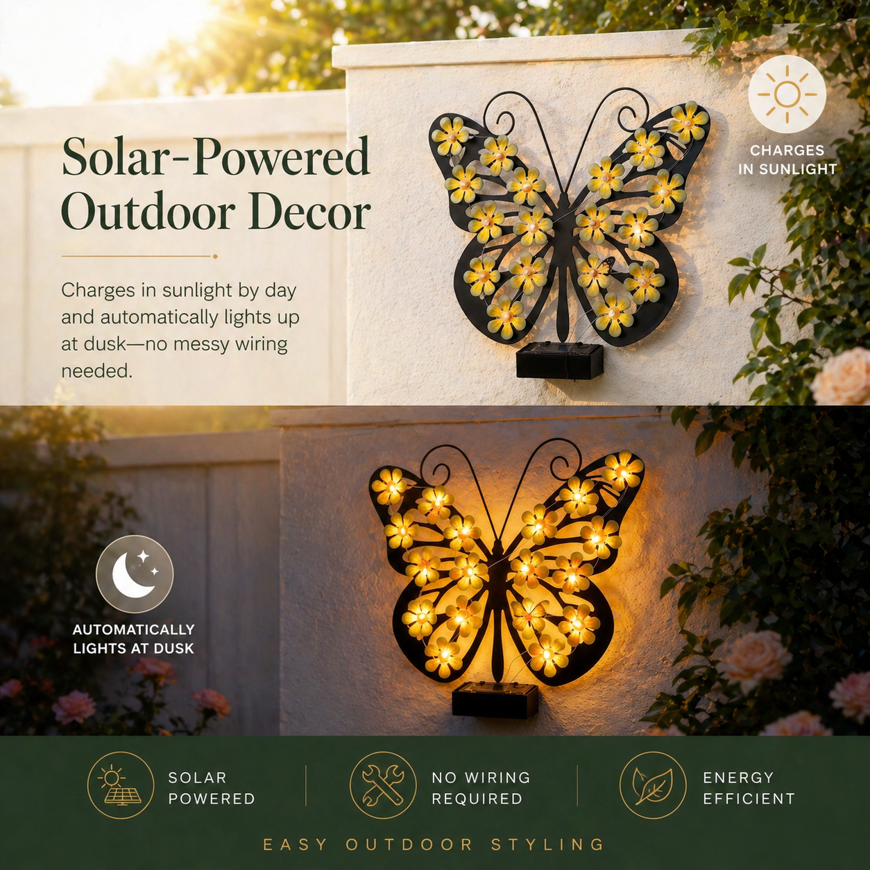 Solar Metal Black Butterfly LED Garden Wall Light