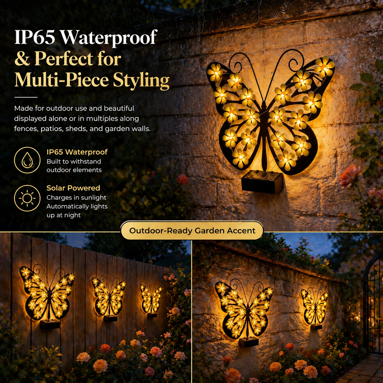 Solar Metal Black Butterfly LED Garden Wall Light