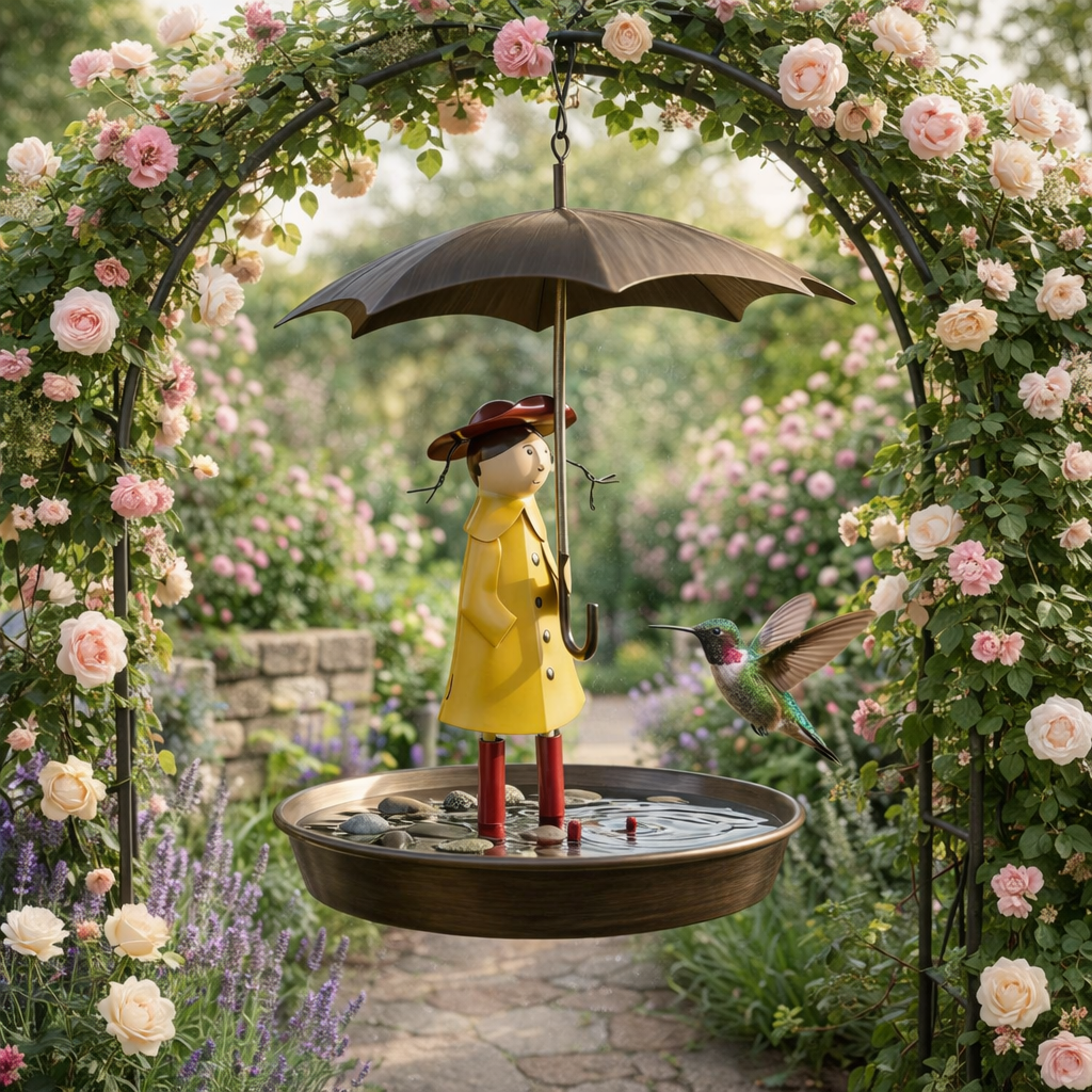 Whimsical Raincoat Girl Hanging Bird Feeder & Bird Bath