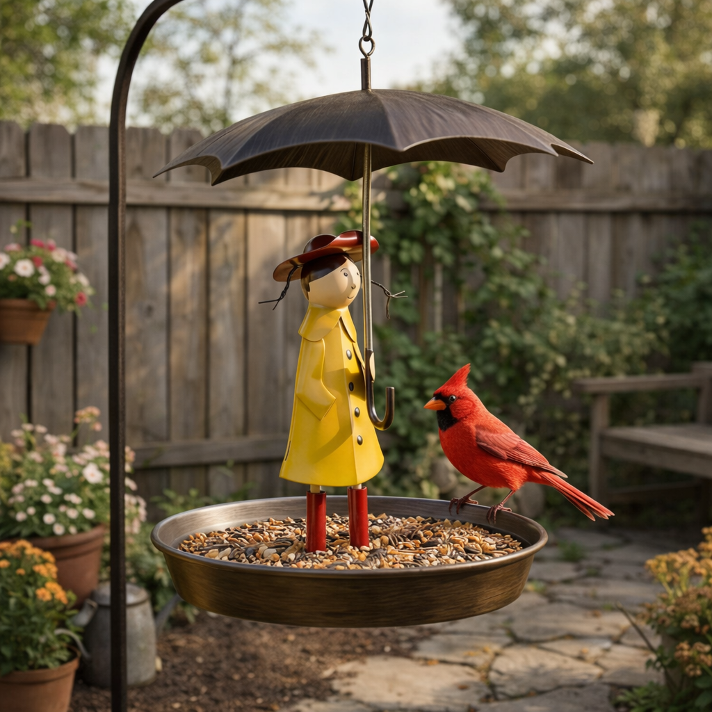 Whimsical Raincoat Girl Hanging Bird Feeder & Bird Bath