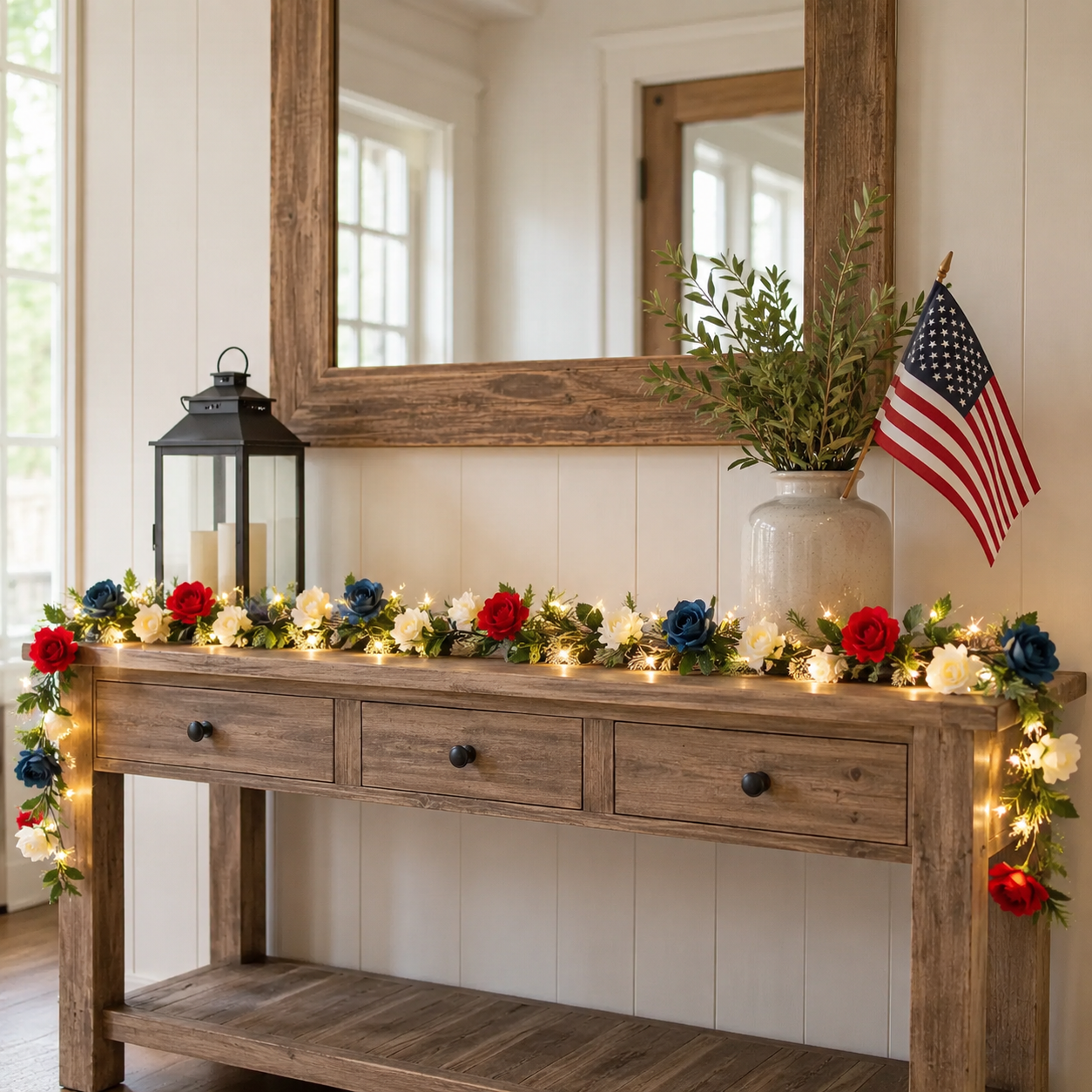Lighted Patriotic Rose Garland