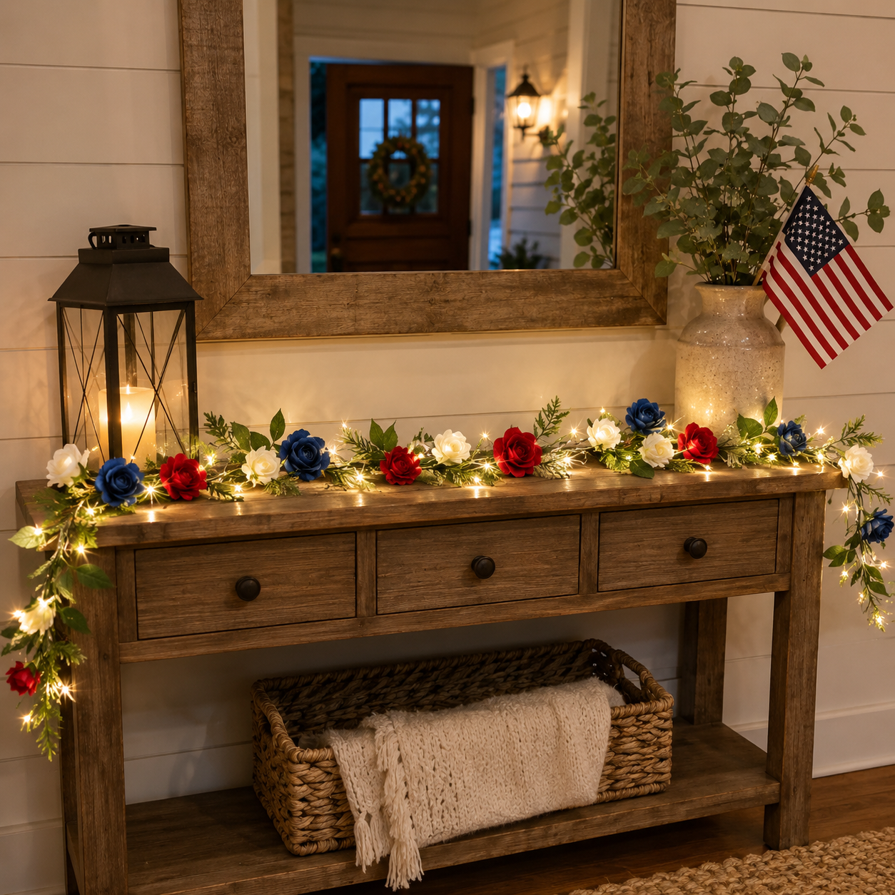 Lighted Patriotic Rose Garland