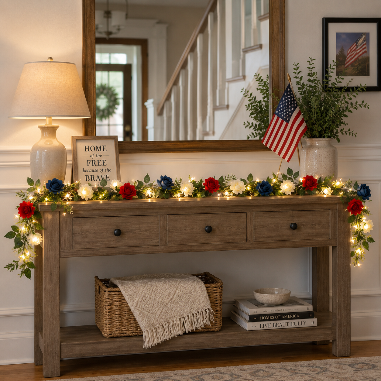 Lighted Patriotic Rose Garland