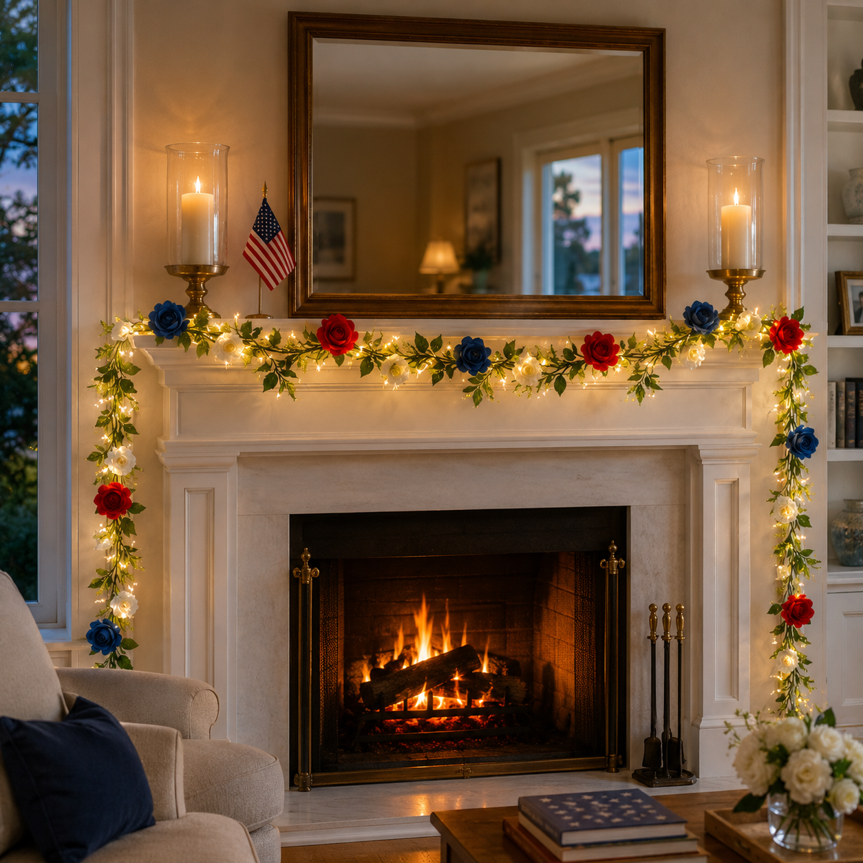 6.6-Ft Lighted Patriotic Rose Garland