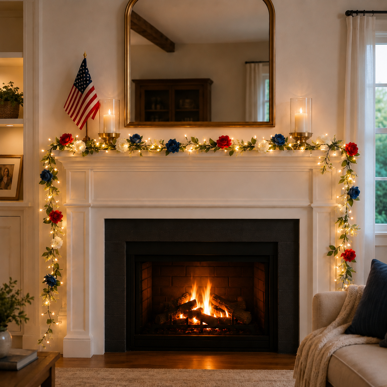 6.6-Ft Lighted Patriotic Rose Garland