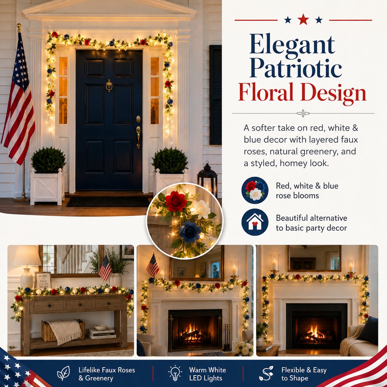 6.6-Ft Lighted Patriotic Rose Garland