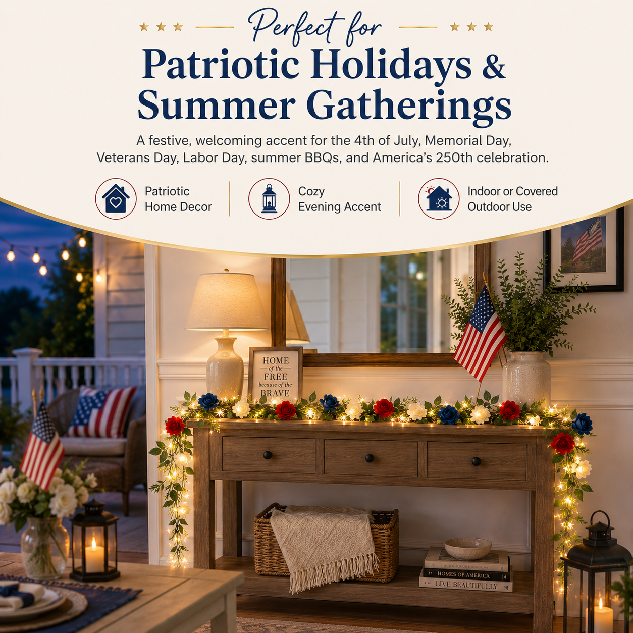 6.6-Ft Lighted Patriotic Rose Garland