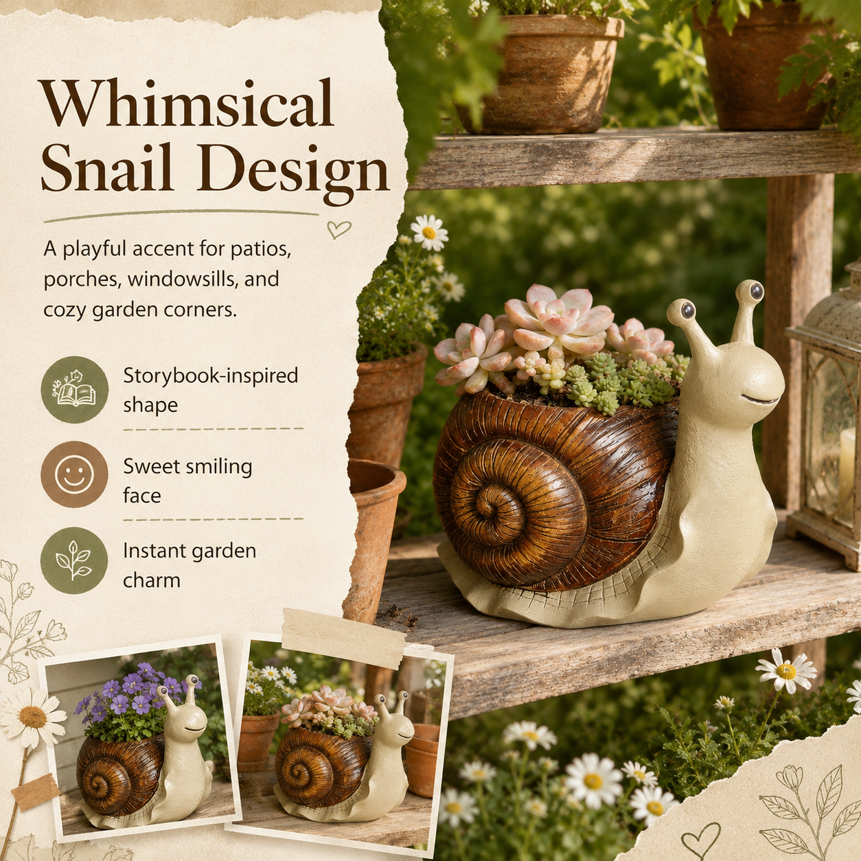Snail Succulent Planter Whimsical Garden Decor Pot