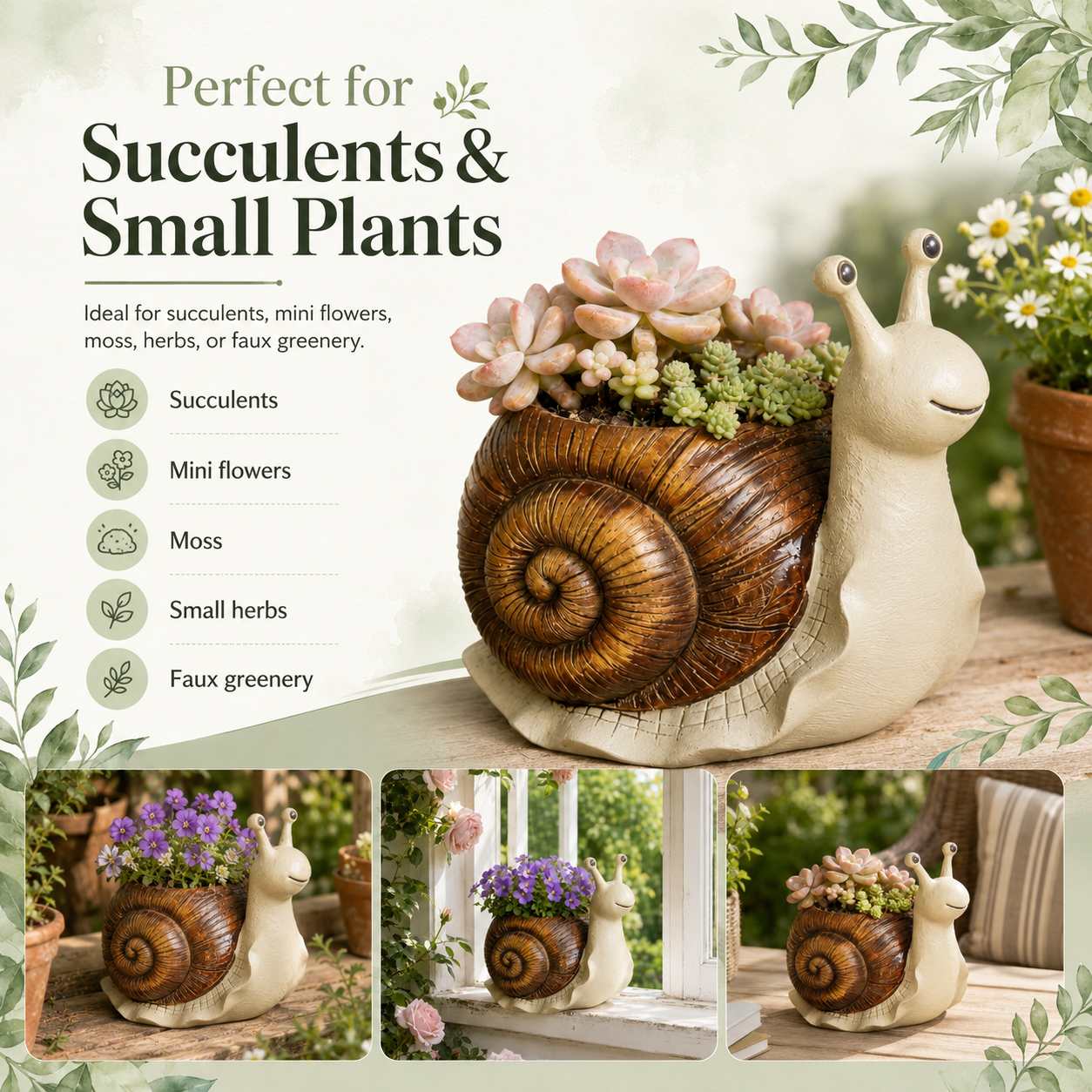 Snail Succulent Planter Whimsical Garden Decor Pot