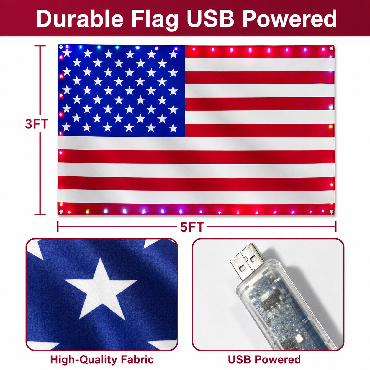 3x5 FT Lighted American Flag with Custom LED Modes