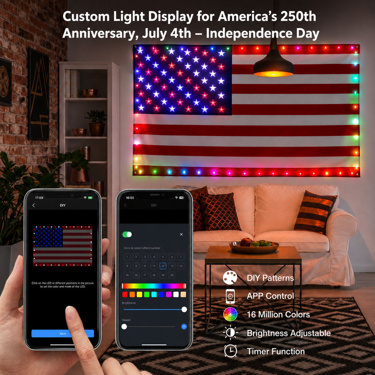 3x5 FT Lighted American Flag with Custom LED Modes