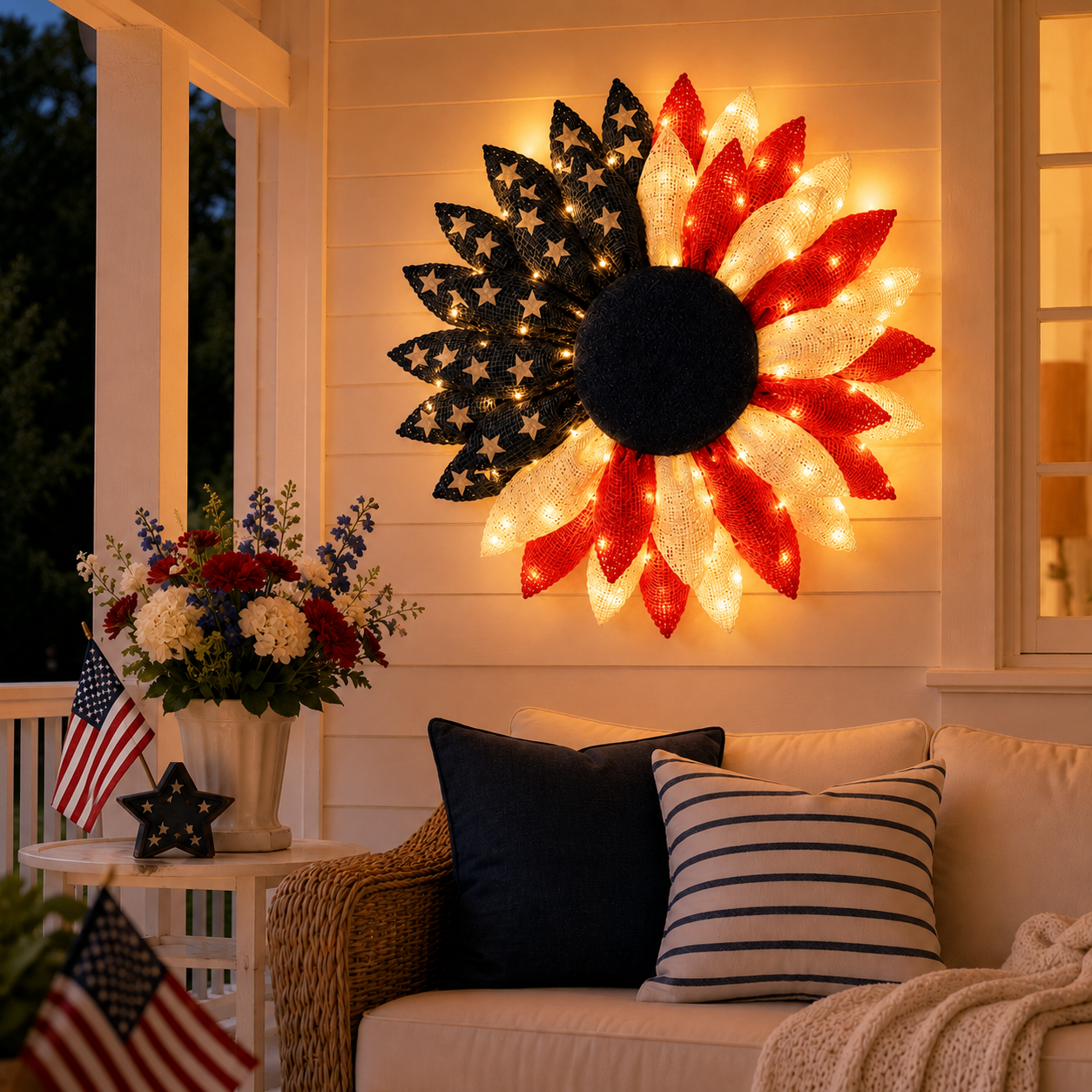 Lighted Patriotic Sunflower Wreath with Remote