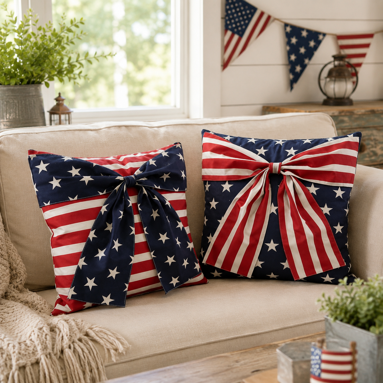 Patriotic 3D Bow Throw Pillow Cover