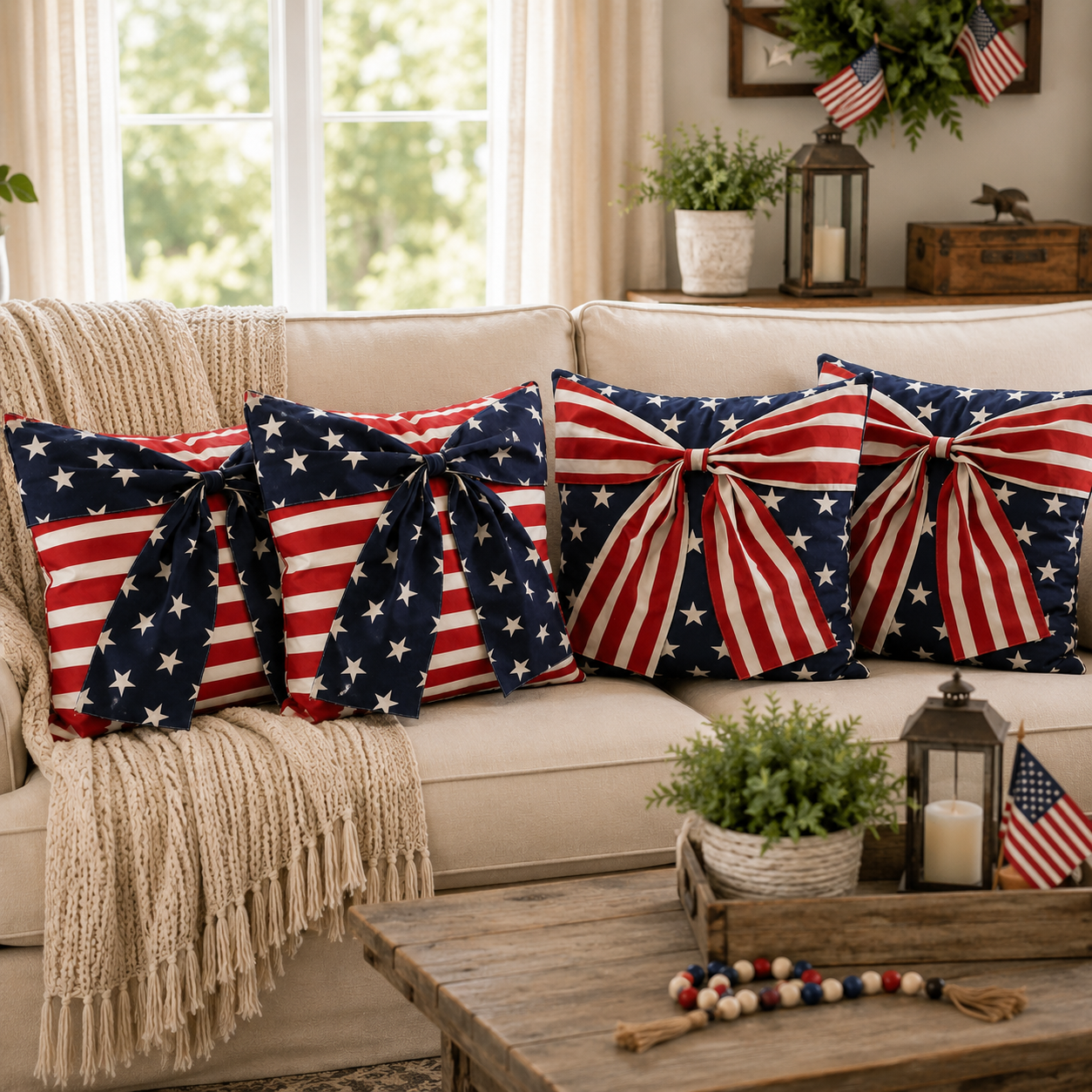 2-Piece Patriotic 3D Bow Throw Pillow Cover Set
