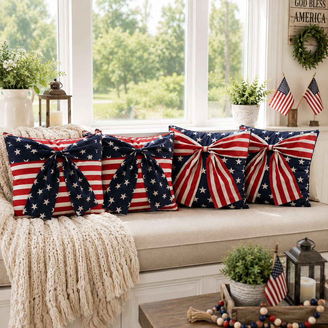 2-Piece Patriotic 3D Bow Throw Pillow Cover Set