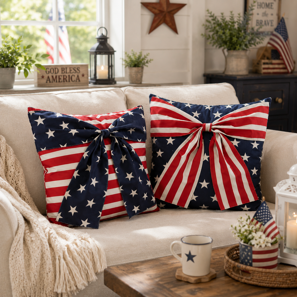 2-Piece Patriotic 3D Bow Throw Pillow Cover Set