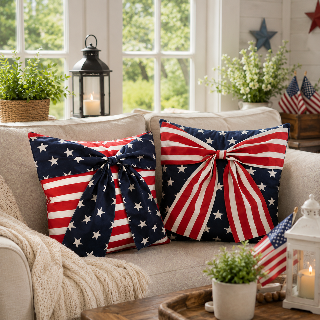 2-Piece Patriotic 3D Bow Throw Pillow Cover Set
