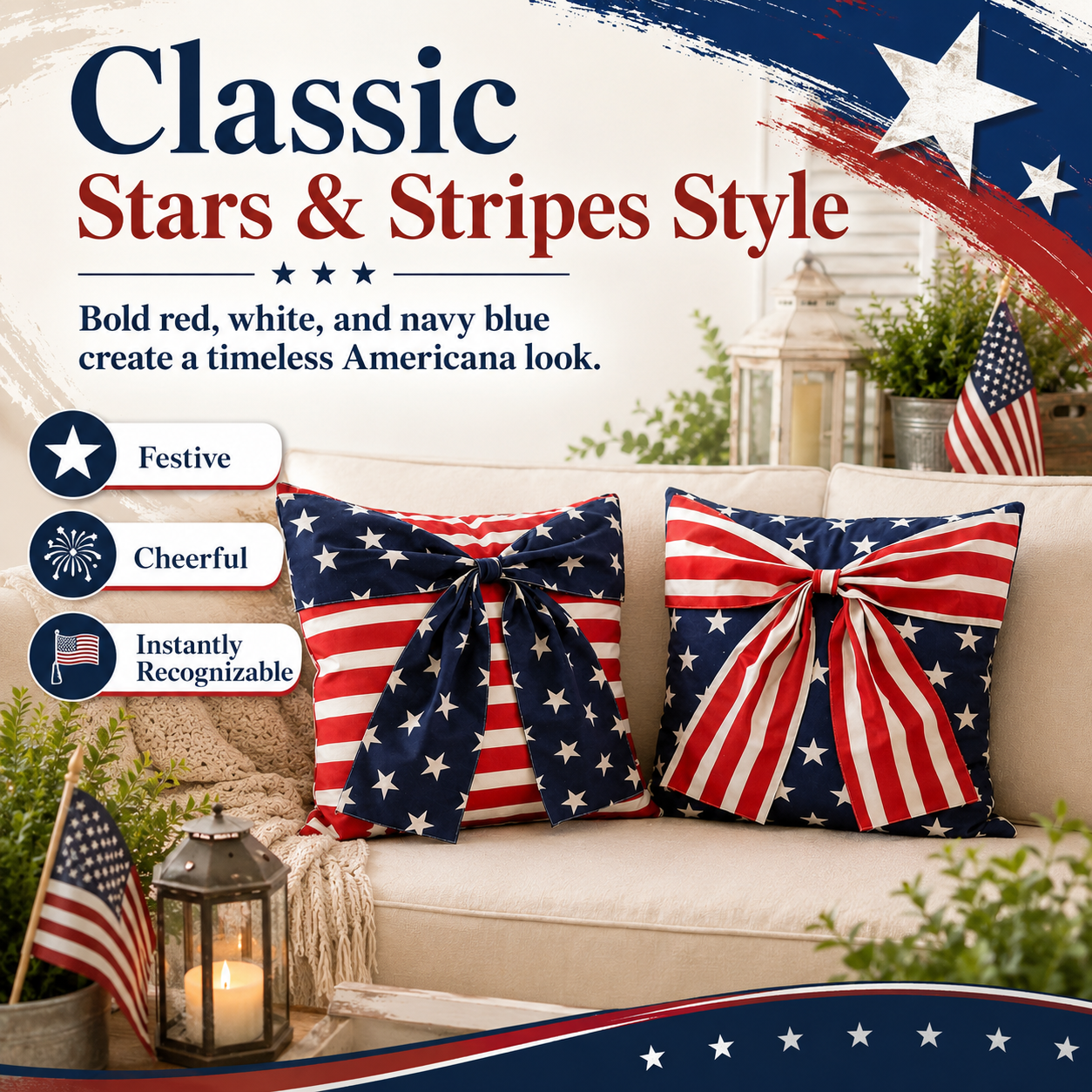 2-Piece Patriotic 3D Bow Throw Pillow Cover Set