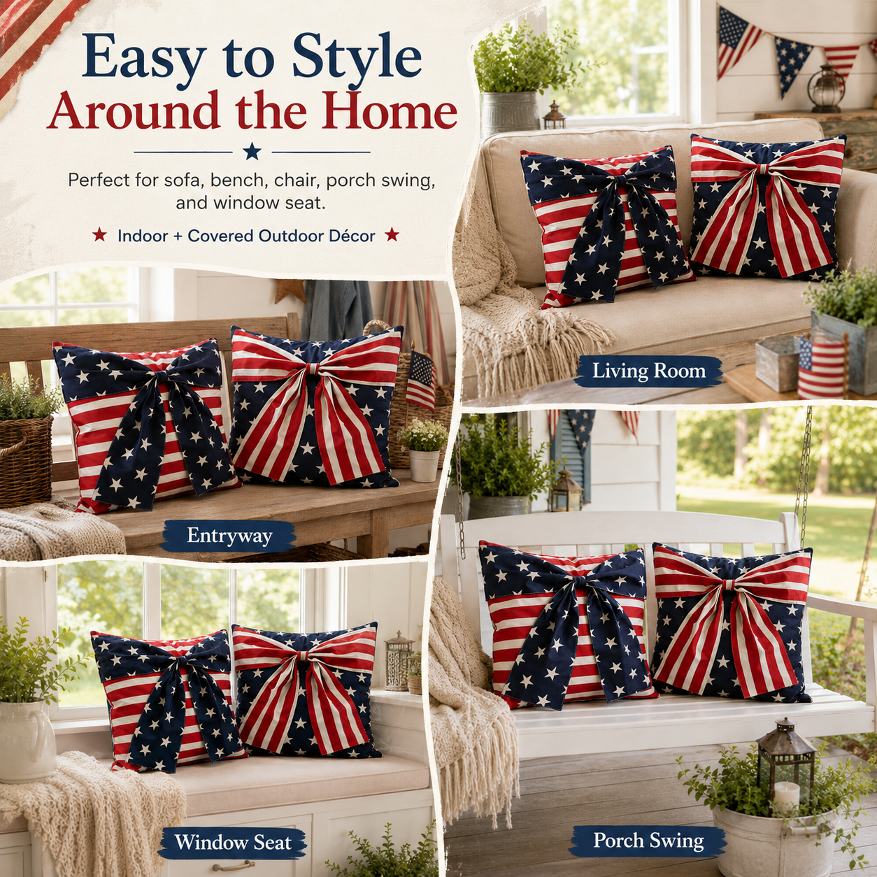 2-Piece Patriotic 3D Bow Throw Pillow Cover Set