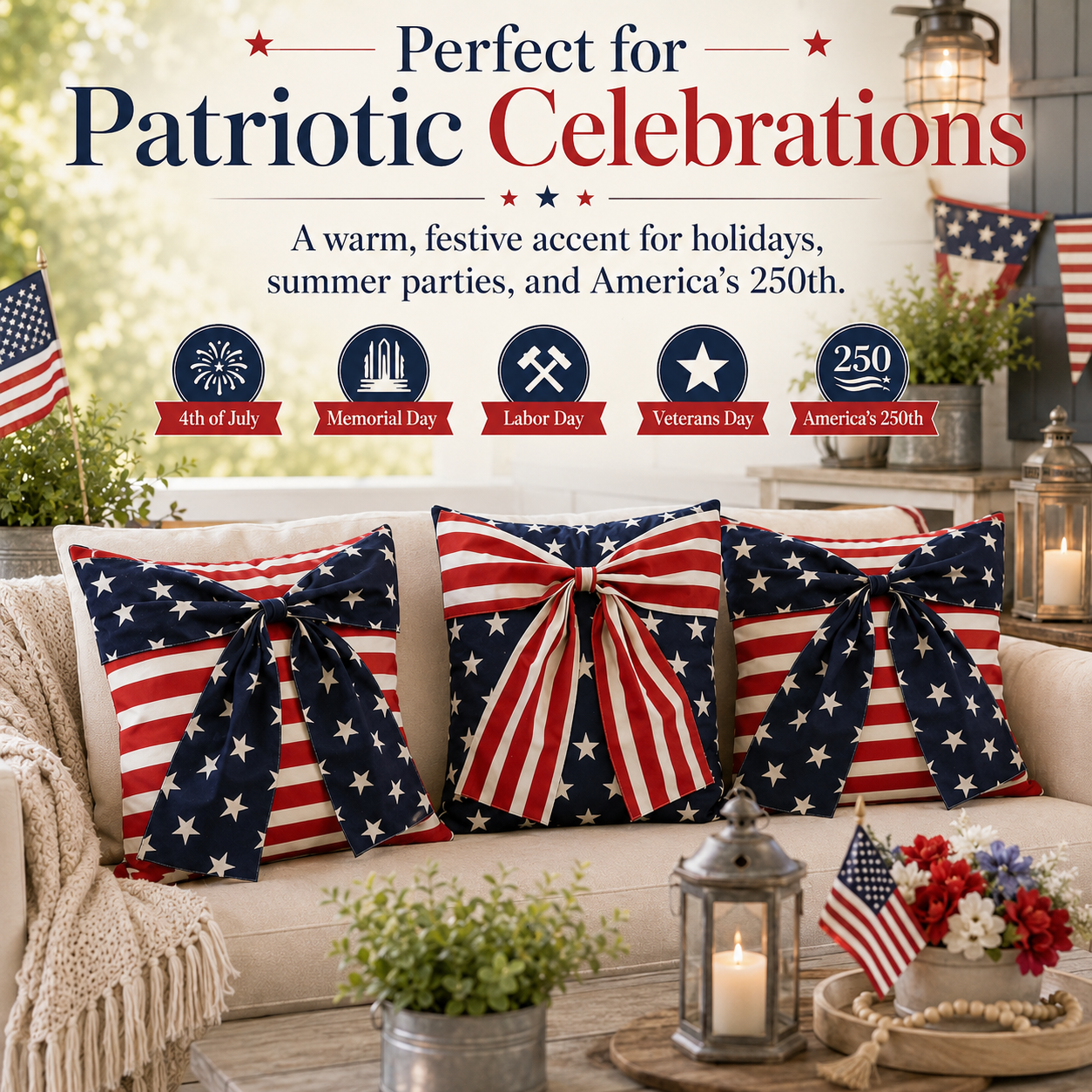 2-Piece Patriotic 3D Bow Throw Pillow Cover Set