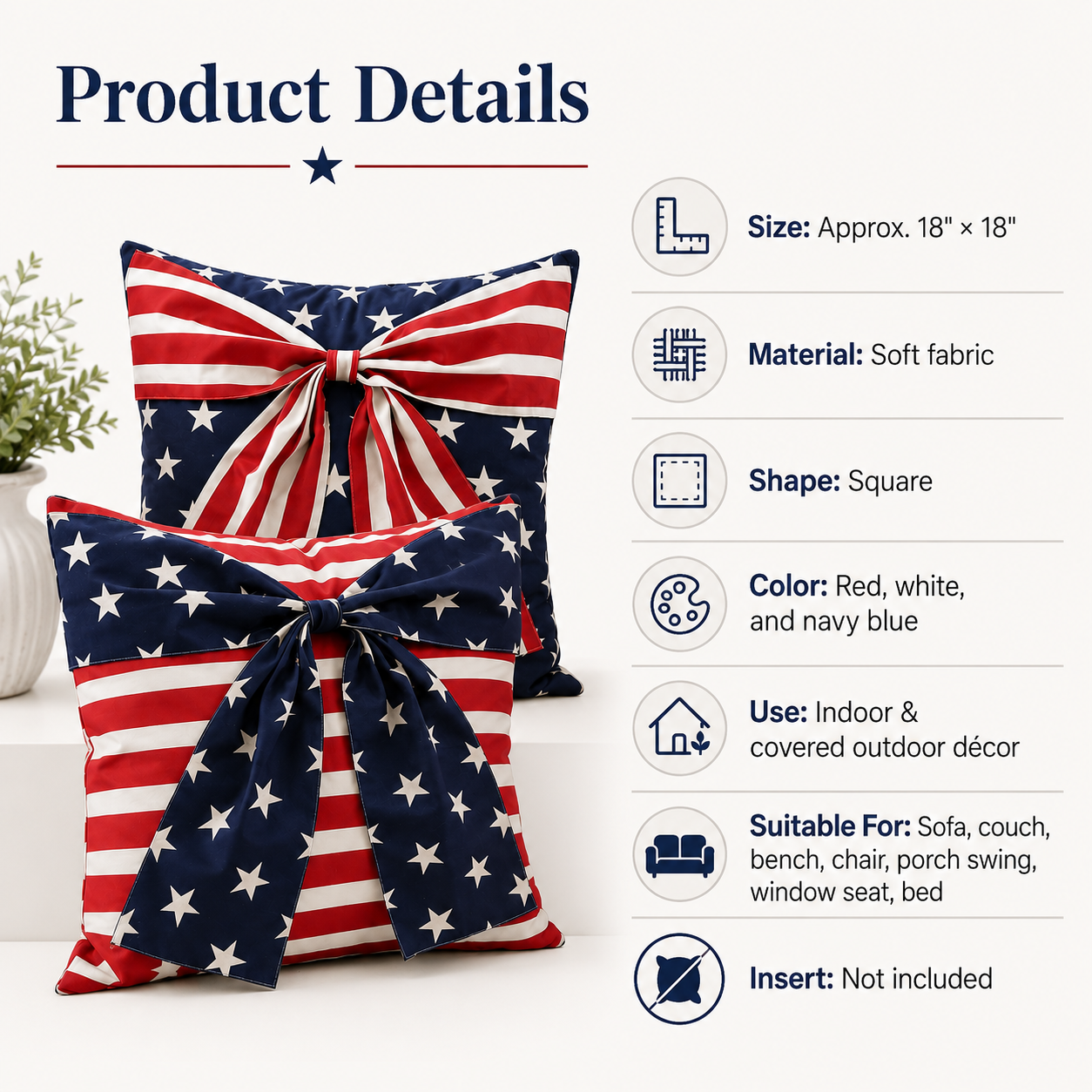 2-Piece Patriotic 3D Bow Throw Pillow Cover Set