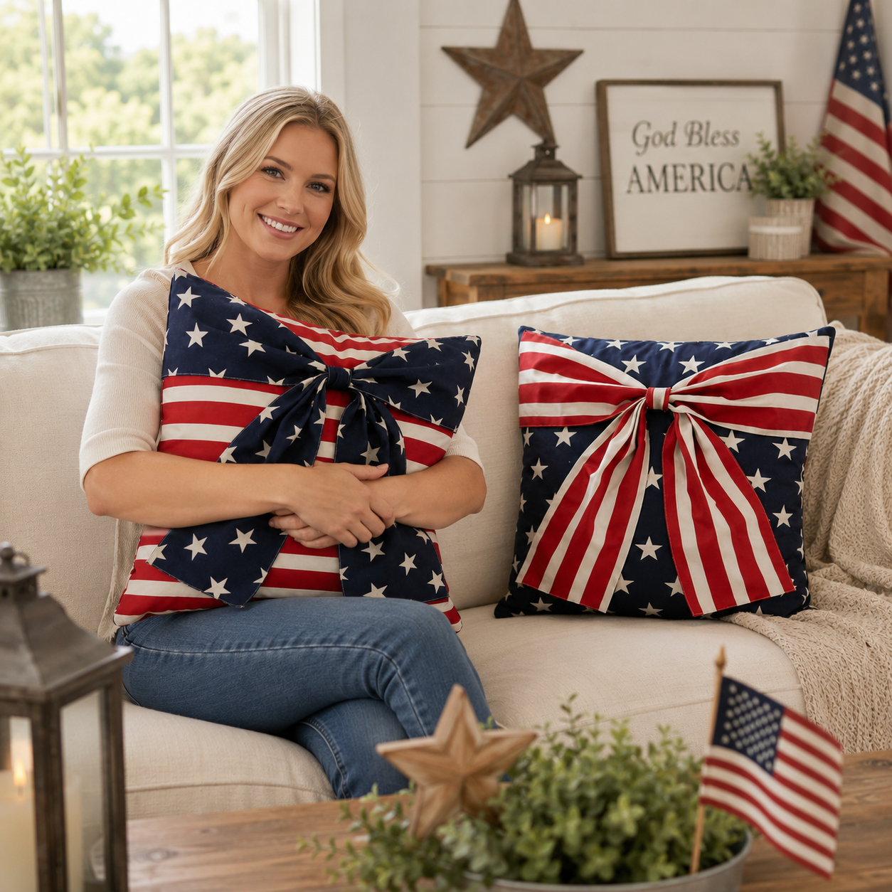 2-Piece Patriotic 3D Bow Throw Pillow Cover Set