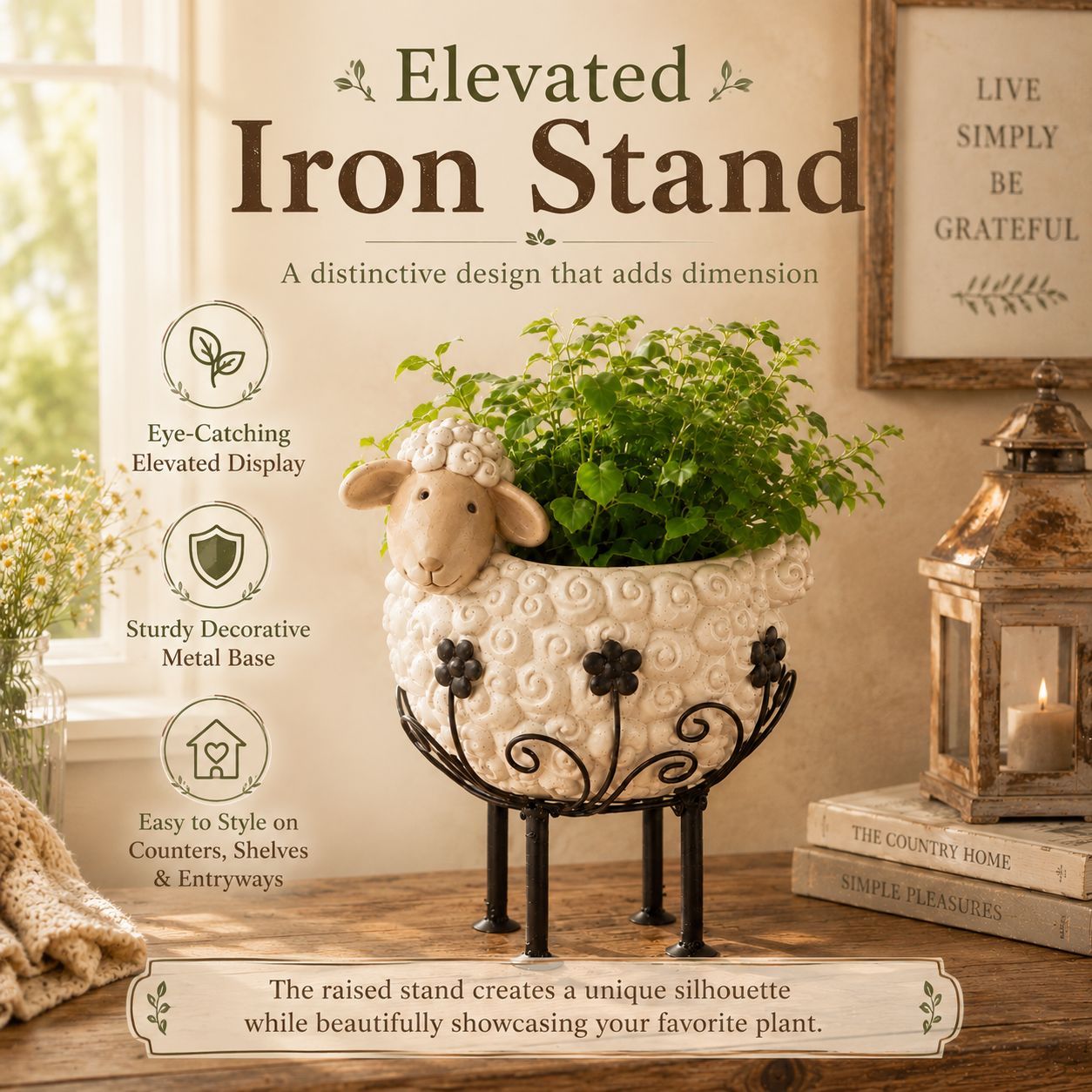 Cute Farmhouse Sheep Planter with Iron Stand