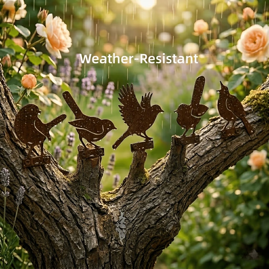 5-Piece Lifelike Rusty Metal Bird Silhouettes Garden Art