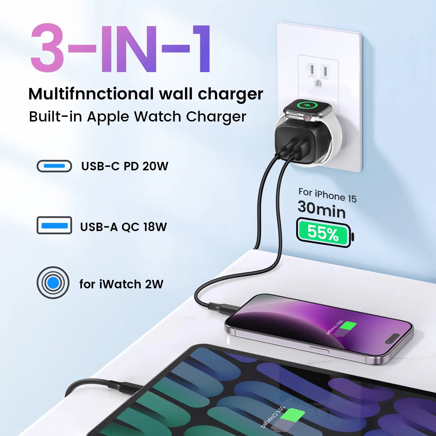 For Apple Watch Charger with 20W Fast Charging Block