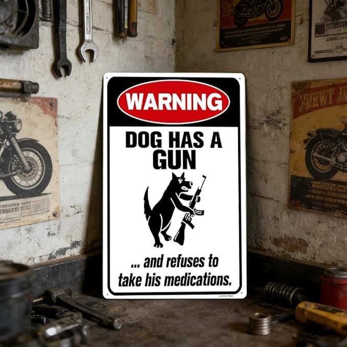 Funny Dog Warning Metal Sign, Dog Has A Gun Decor