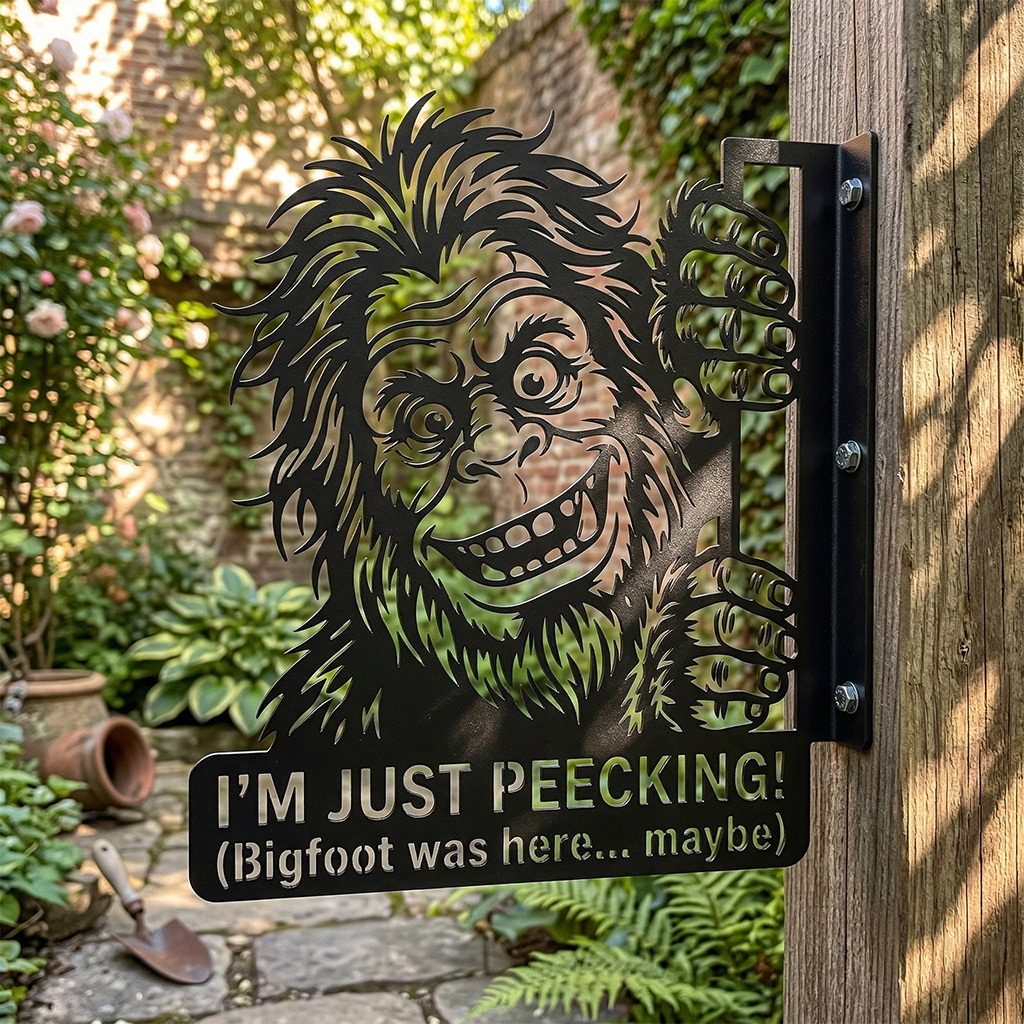 Bigfoot Peeking Metal Wall Sign