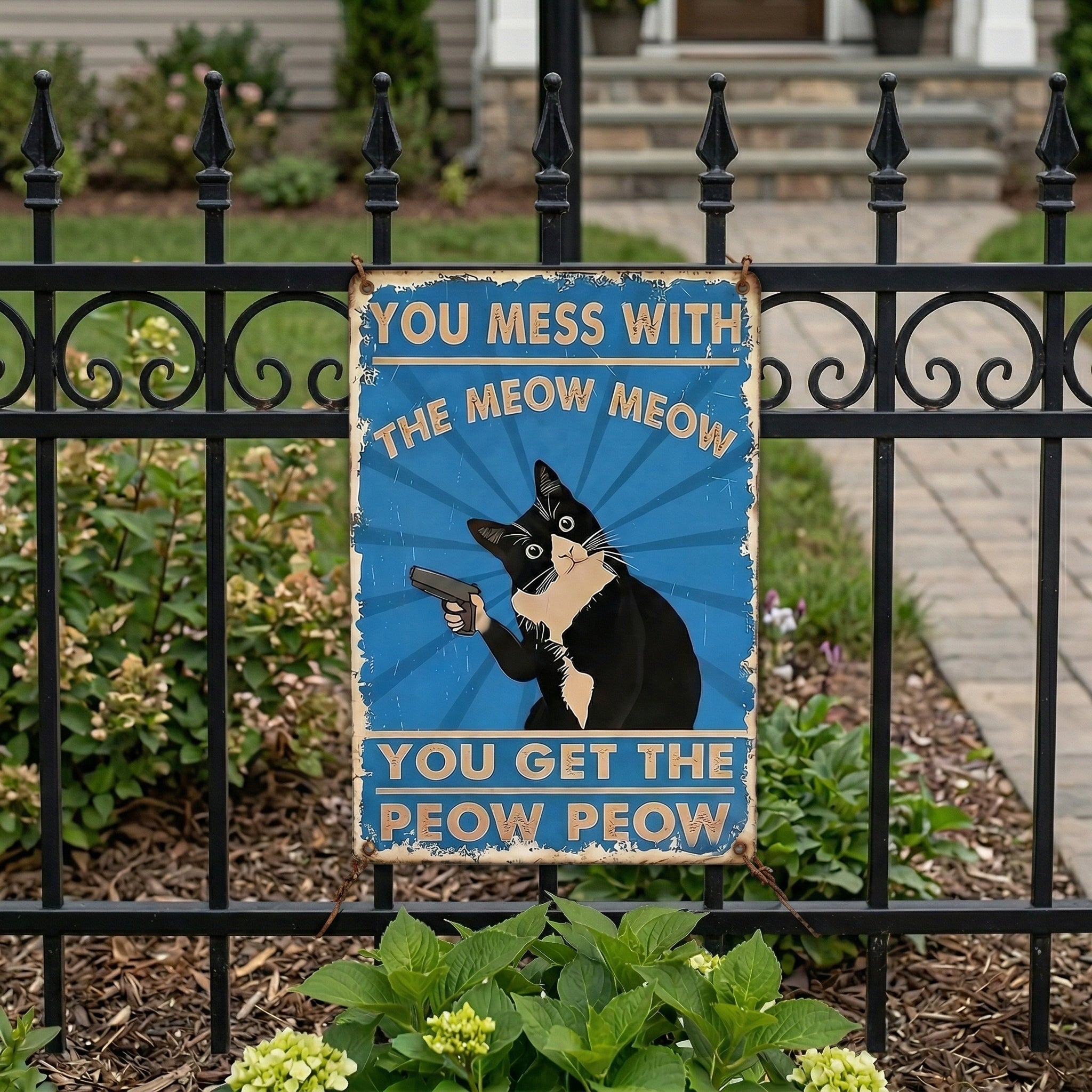 Vintage Black & White Cat Sign – Funny “You Mess With The Meow Meow, You Get The Peow Peow” Wall Decor 😂🐱