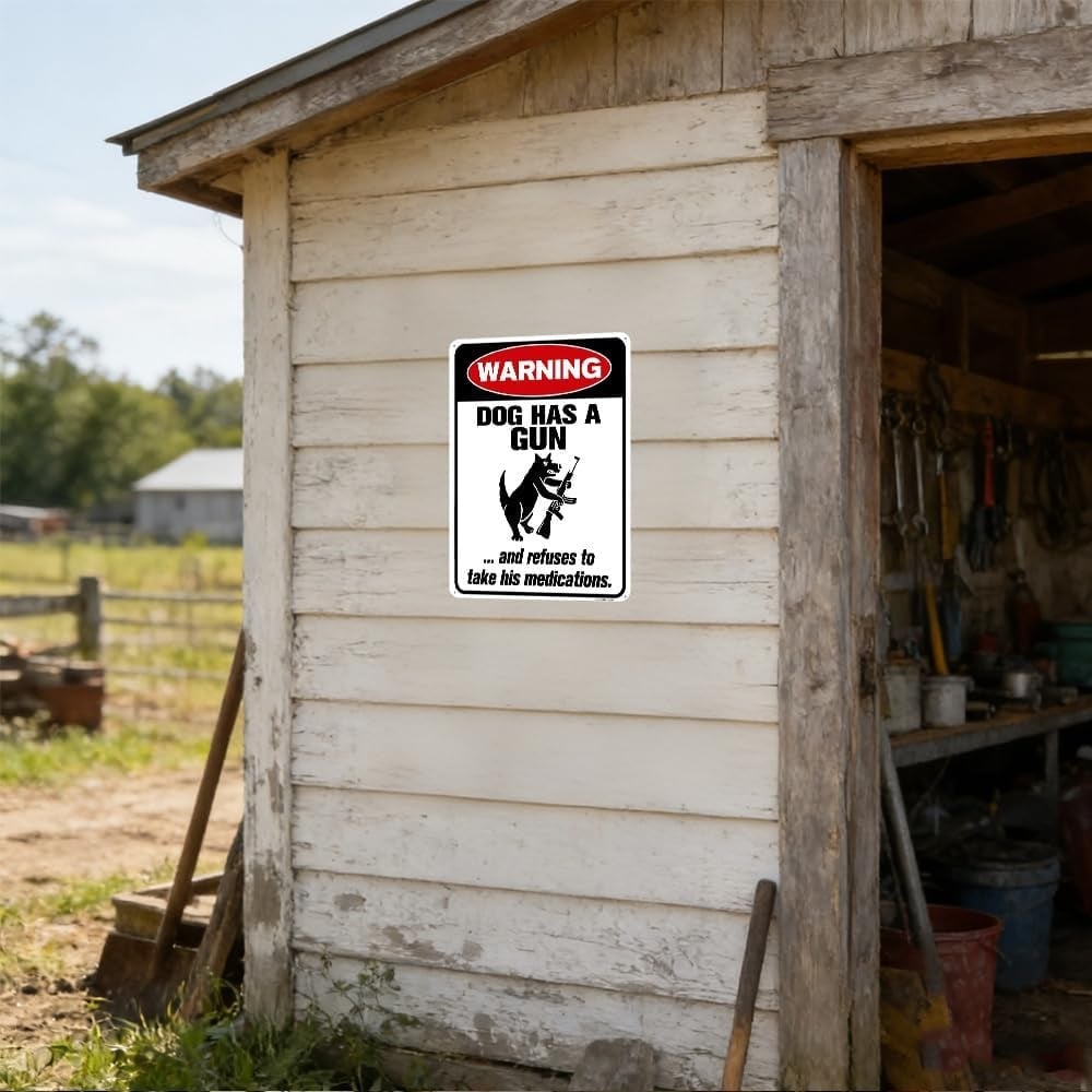 Funny Dog Warning Metal Sign, Dog Has A Gun Decor
