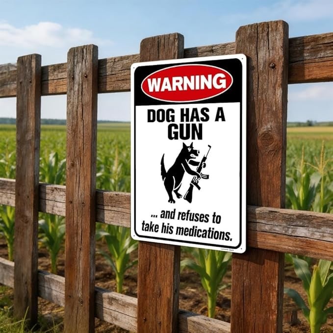 Funny Dog Warning Metal Sign, Dog Has A Gun Decor