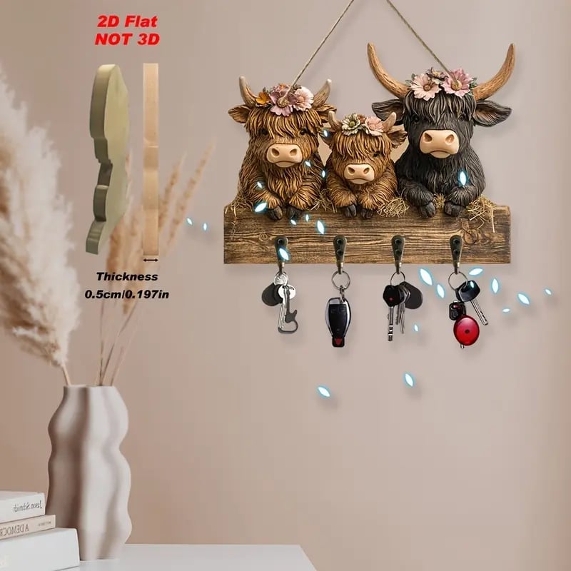 # 2D Rustic Highland Cow Wooden Ornament 🐮 | 9.8"x7.48" Hanging Decor with 3 Hooks | Easter/Christmas Gift for Animal Lovers 🌿